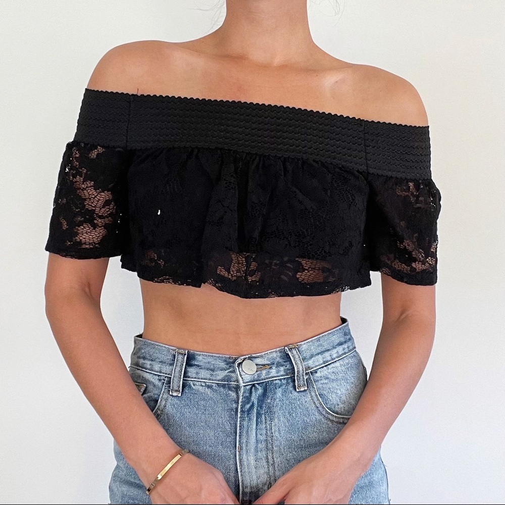 Black lace off shoulder crop top
